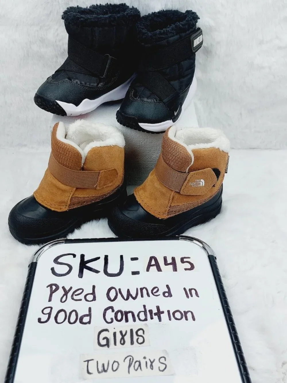 Set of 2 The North Face Nike Girl's Black Brown Hook & Loop Ankle Snow Boot Sz 7